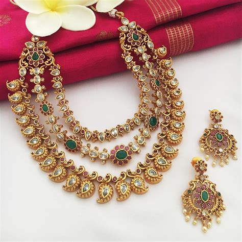 Premium Dark Green Kundan Jewellery Necklace Set With Meena High Gold Plating For Women