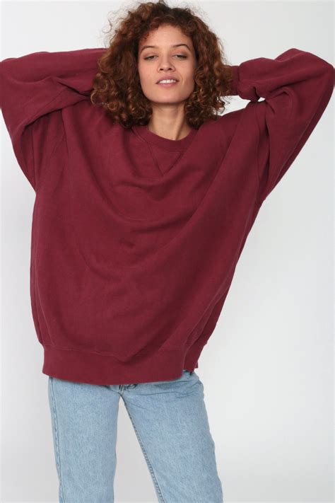 Burgundy Crewneck Sweatshirt 80s Sweatshirt Oversized Sweatshirt 90s Plain Long Sleeve Shirt ...