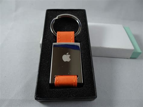 Genuine Apple Logo Keychain Polished Steel With Real Leather Strap