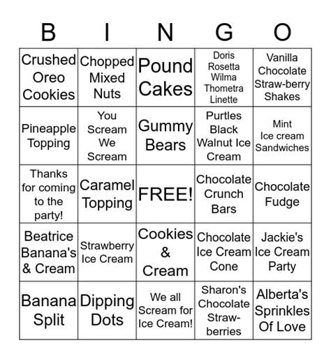 Jackies Ice Cream Bingo Game Bingo Card