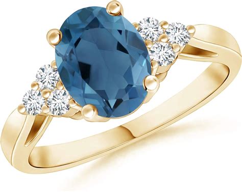Oval London Blue Topaz Cocktail Ring With Trio Diamonds In 14k Yellow Gold 8x6mm London Blue