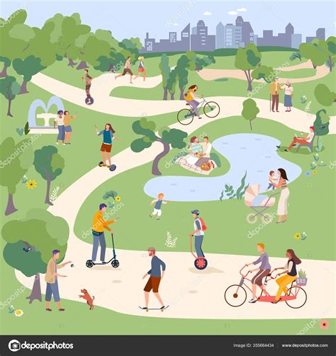 City Park Vector Illustration People In City Parkland Ride Bike