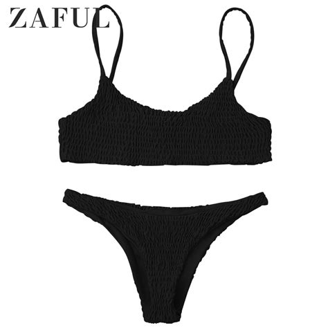 Zaful Women Cami Smocked Bikini Top And Bottoms Spaghetti Straps Wire