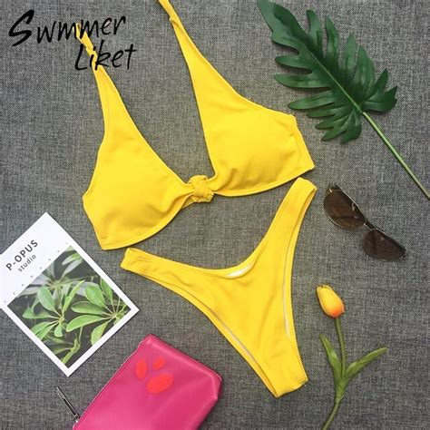 Front Tie Yellow Bikini Set Sexy Deep V Swimsuit High Cut V Bottom