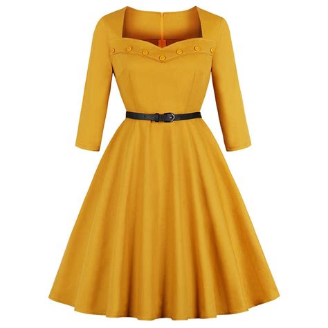 Kenancy Women Button Embellished Retro Vintage Dress Long Sleeves
