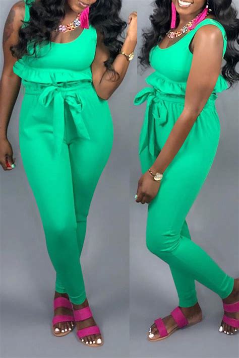 lovely stylish u neck ruffle lace up green two piece pants setlw fashion online for women