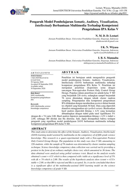 Pdf Pengaruh Model Pembelajaran Somatic Auditory Visualization