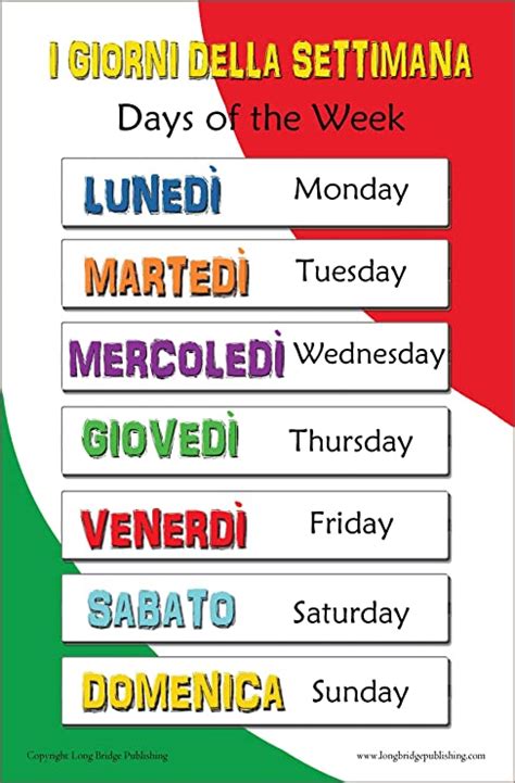 Italian Language Poster Days Of The Week Bilingual Chart For