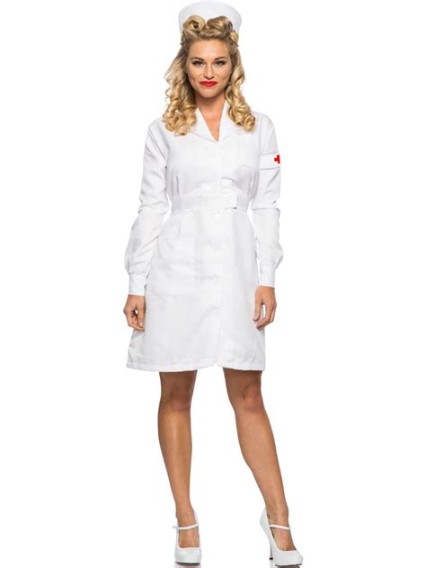 Adults Womens 1940s Wwii Vintage War White Nurse Dress Costume