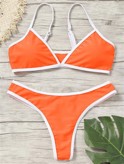 Off Contrast Trim Padded Thong Bikini Set In Fluorescent Orange Dresslily