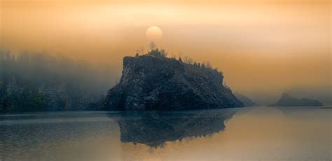 Nature Landscape Lake Sunrise Mist Reflection Trees Water Calm