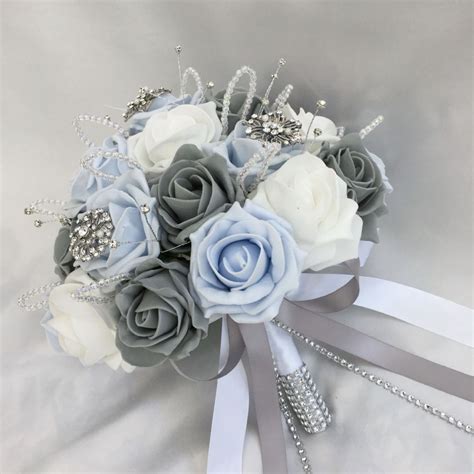 Brides Posy Bouquet With Baby Blue Grey And White Roses