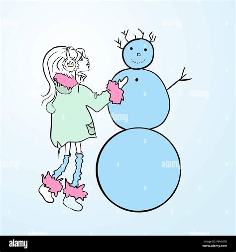 Cute Girl Sculpts A Snowman Winter Games Vector Simple Illustration