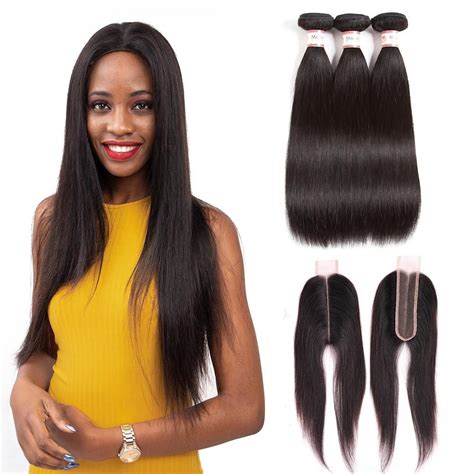 Peruvian Straight Hair 3 Bundles With Closure Kim K Middle Part Closure