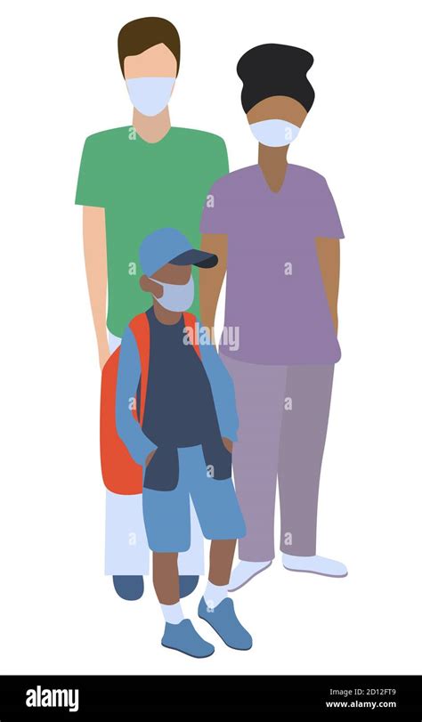 Familia En Máscaras Protectoras Madre Padre E Hijo Ilustración