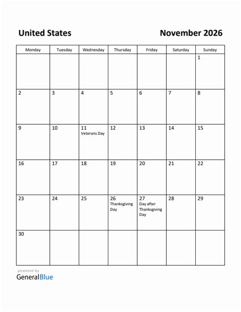 Free Printable November 2026 Calendar For United States