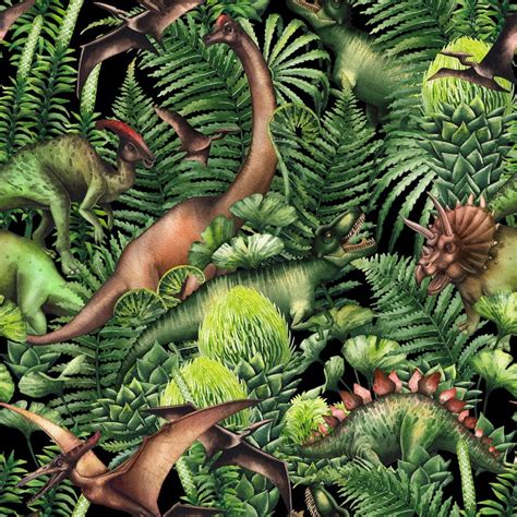 Specialty Fabrics Dinosaurs In The Green Jungle On Black Dinosaurs By