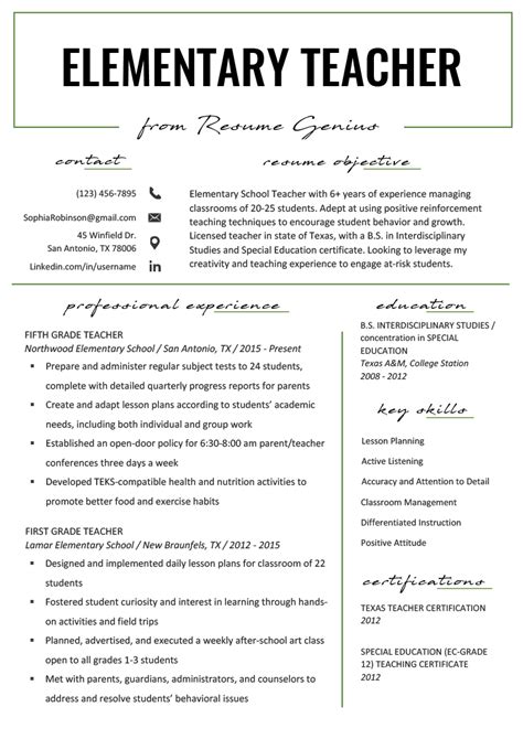 The main sections are the name and contact information, the professional summary caitlin joined the zipjob team in 2019 as a professional resume writer and career advisor. Elementary Teacher Resume Samples & Writing Guide | Resume ...