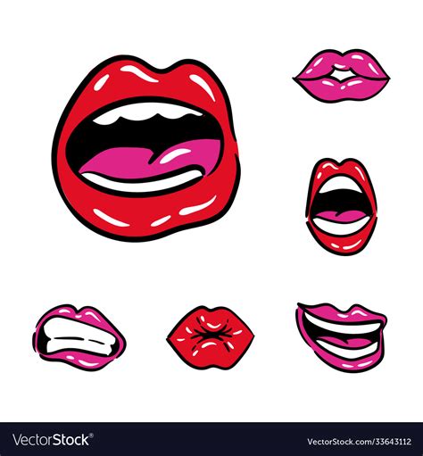 bundle six mouths pop art line and fill style vector image