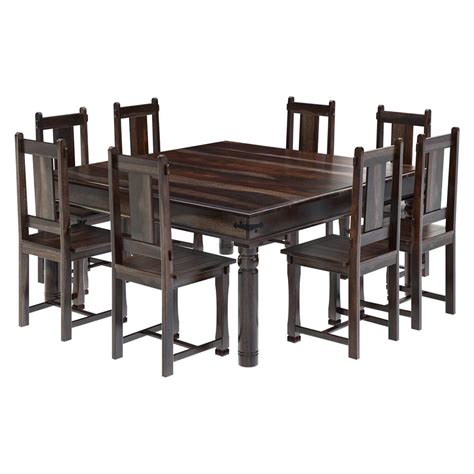rustic solid wood large square dining table chair set