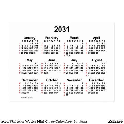 2031 White 52 Weeks Mini Calendar By Janz Postcard In 2021