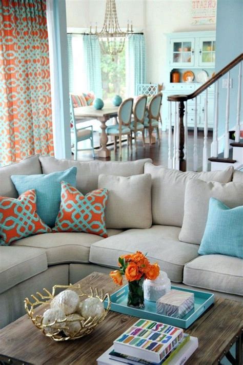 Throw pillows, garden stools, statues, and drapery trim. 15 Lush Orange and also White Residing Rooms | Living room orange, Living room turquoise, Living ...
