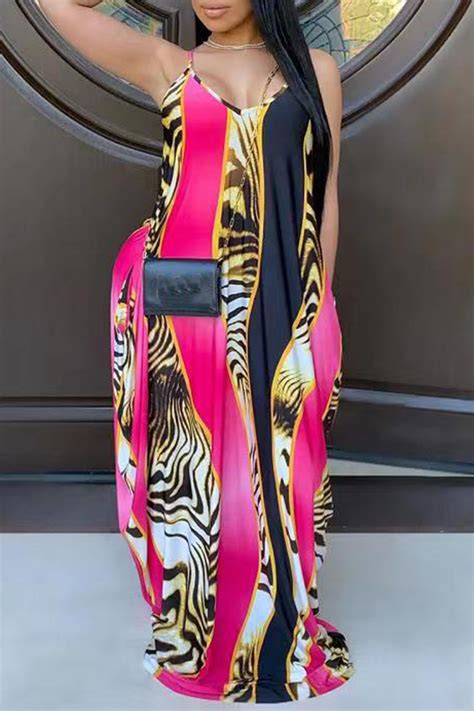 pink sexy print split joint spaghetti strap straight plus size dresses plus size
