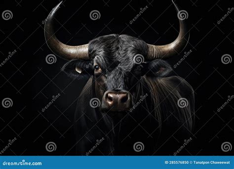 Strongest Dark Brown Bull With Muscles And Long Horns Portrait Looking