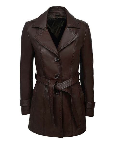 Womens Trench Belted Real Leather Coat Shop At Leatherscin