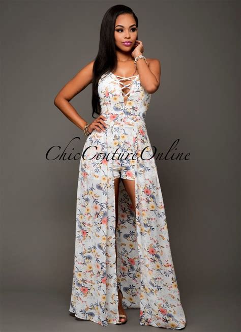 Chic Couture Online Yuliana Off White Floral Romper Maxi Dress 55