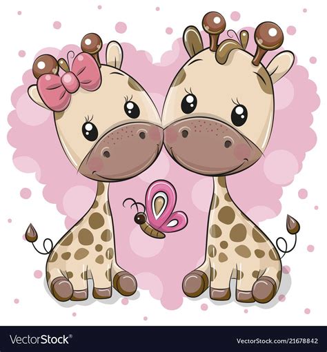 Two Cartoon Giraffes On A Heart Background Vector Image Cartoon