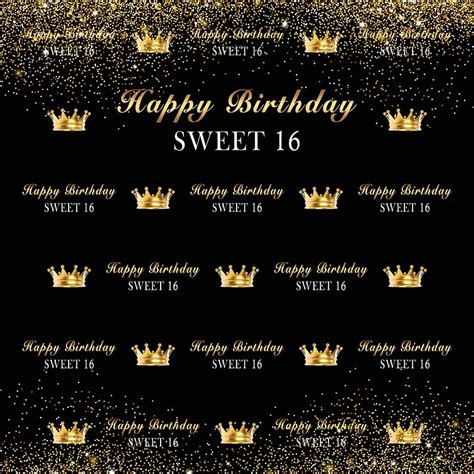 Gold Crown Happy 16th Birthday Black Photo Backdrop Vinyl Cloth High