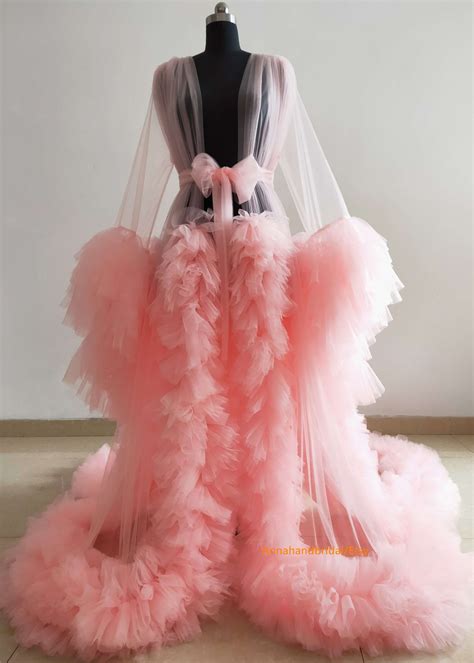 Pink Maternity Robe Open Front Ruffle Tulle Dress Photo Shoot Etsy Canada