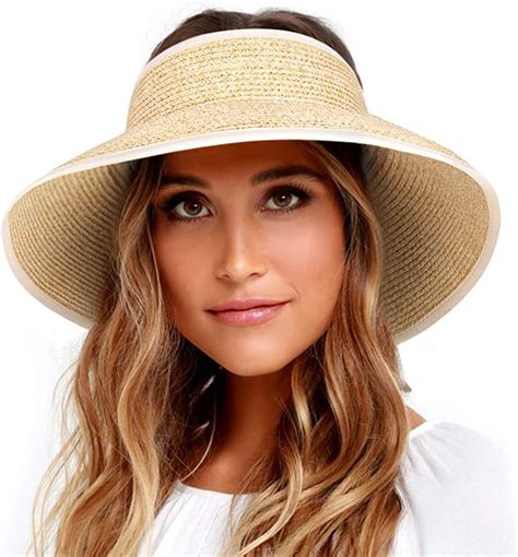 Furtalk Sun Visor Hats For Women Wide Brim Straw Roll Up Ponytail