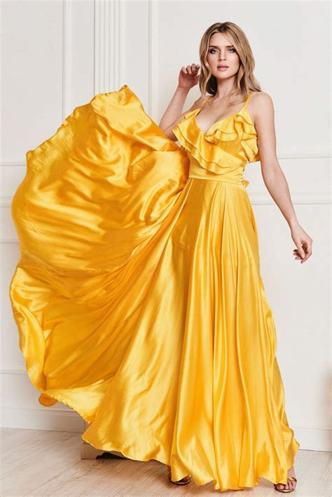 Elegant Yellow Silk Slip Maxi Dress Gown With Spaghetti Straps Dress By Matsour I Elegant