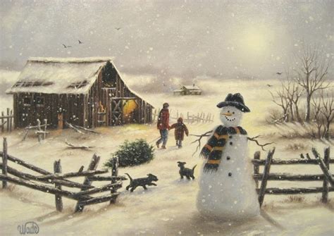 Happy Snowman And Tree Original Vickie Wade Oil Painting Snow