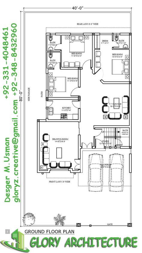40x80 House Plan 10 Marla House Plan 12 Marla House Plan