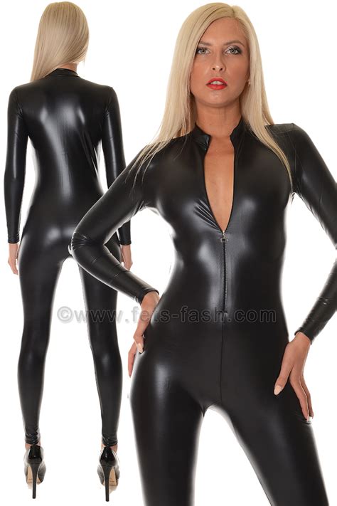 fets fash catsuit with front zip fastener shiny black new