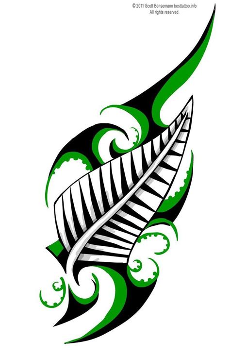 Maori Tribal Design New Zealand Silver Fern Colour Tattoo Flash Fern