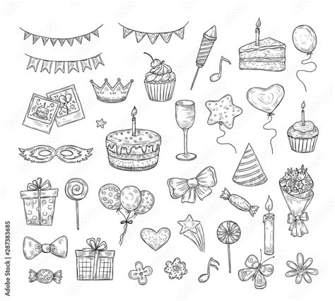 Fototapeta Birthday Sketch Happy Birthday Celebration Party Hand Drawn