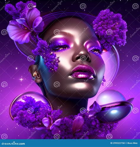 beautiful black woman with purple flowers in her hair vector illustration generative ai stock