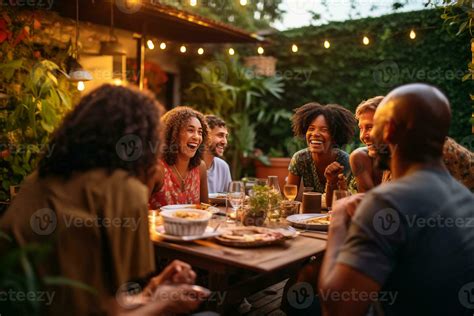 group of multiethnic diverse people having fun communicating with each other and eating at