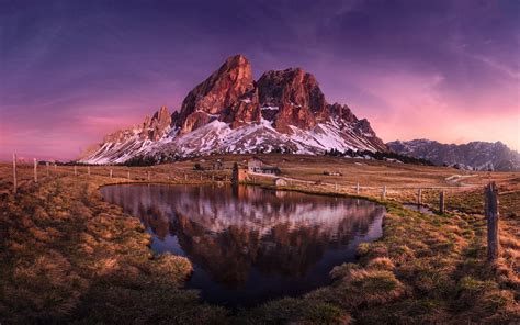 Reflection Sunset Alps Sass De Putia Dolomite Rock Mountains