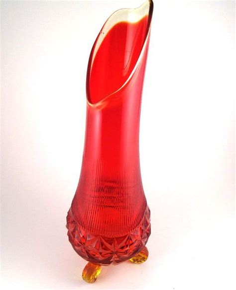 Vintage Swung Glass Vase Ribbed And Quilted Glass Amberina Red Orange Yellow Glass Vase