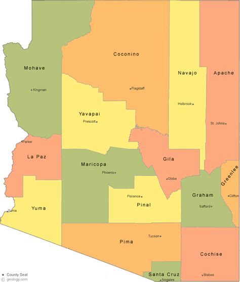 Arizona Map Showing Counties Arizona County Map With County Seat