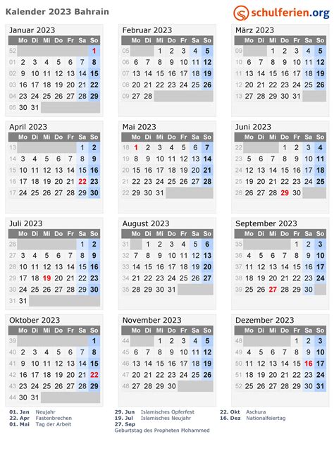 Kalender Bahrain 2023 Mit Feiertage