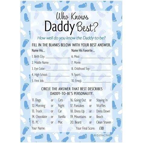 This way, everyone has a chance to be the center of attention. It's a Boy Baby Shower Party Activity - Who Knows Daddy Best Party Game - 20 Game Cards ...