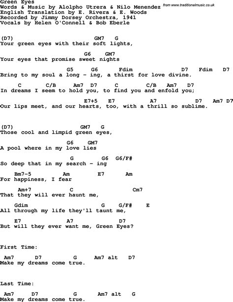 Song Lyrics With Guitar Chords For Green Eyes Jimmy Dorsey Orchestra