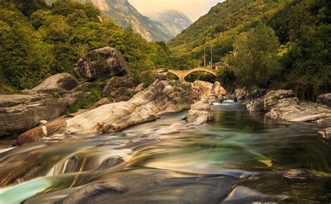 Switzerland Mountains Rivers Forests Bridges Stones Verzasca Valley Ticino Nature