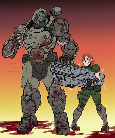 Doom Slayer And Slayer Girl In Training Bfg Lesson By Texd41 Personagens De Anime Motoqueiro